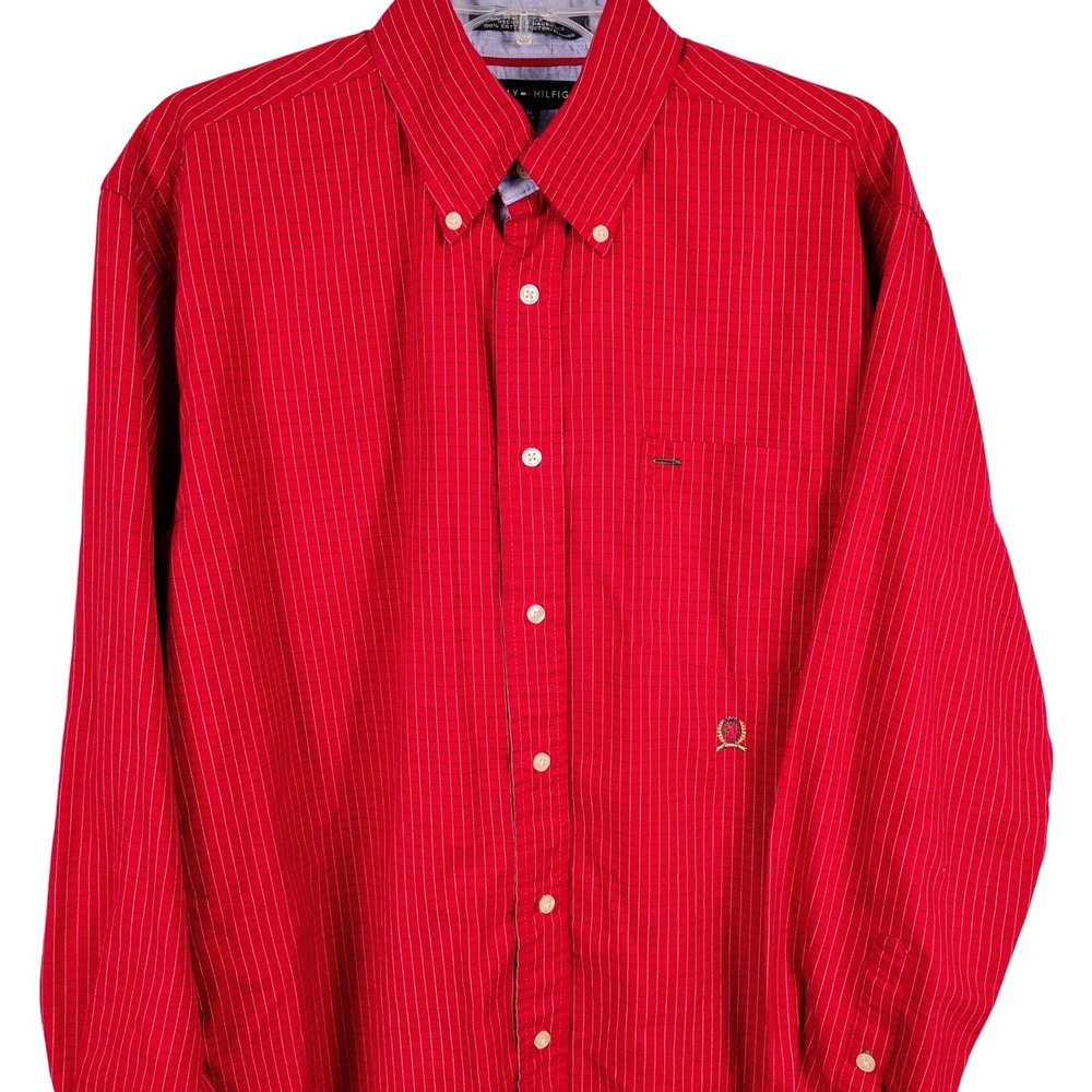 Tommy Hilfiger Mens M Button Down Shirt Red Pinstripe Cotton Preppy Old Money